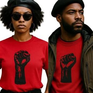 VTG Harlem Underground Tshirt Embroidered Black Fist Red Large Crew Neck *FLAWED